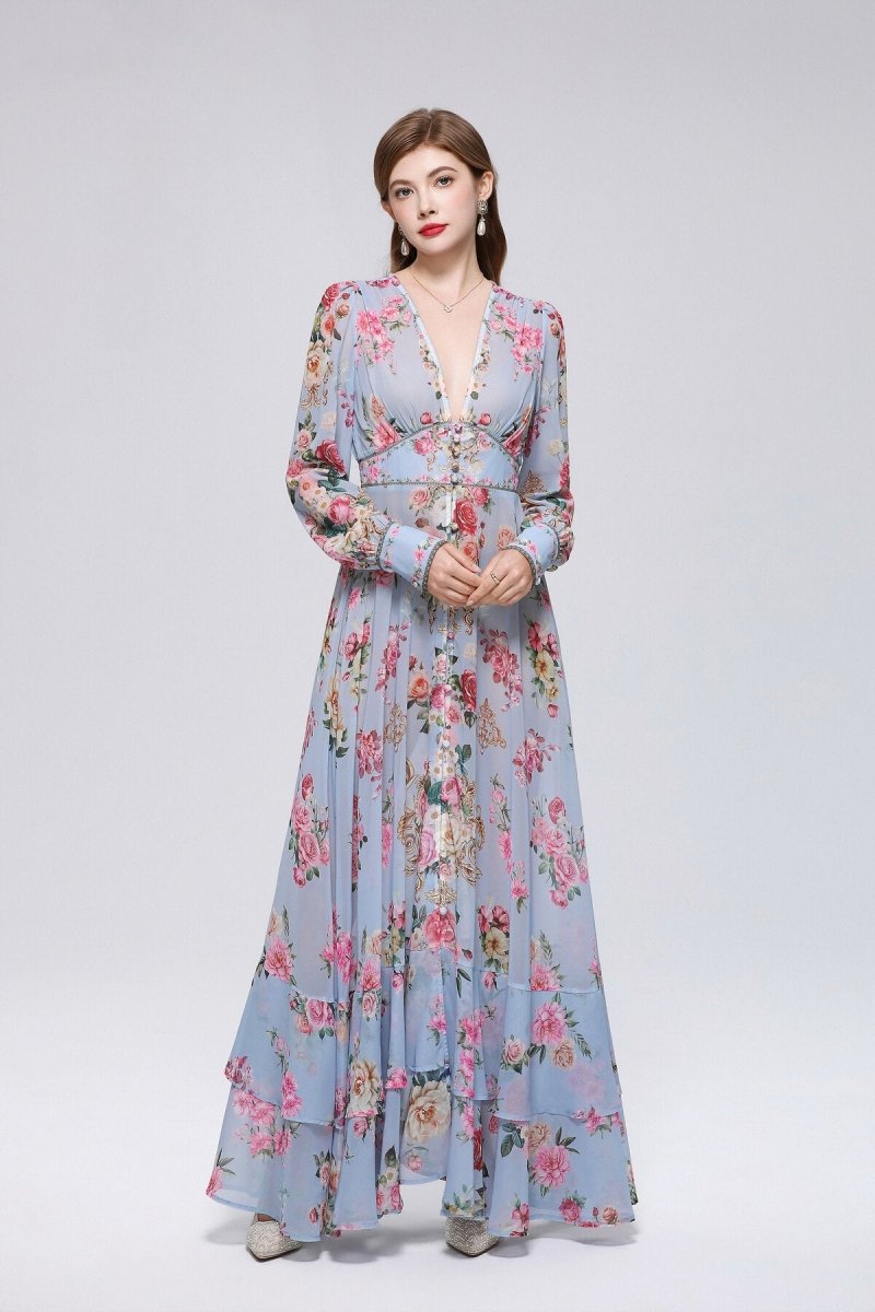 Powder Blue Rose & Gold Baroque Maxi Dress