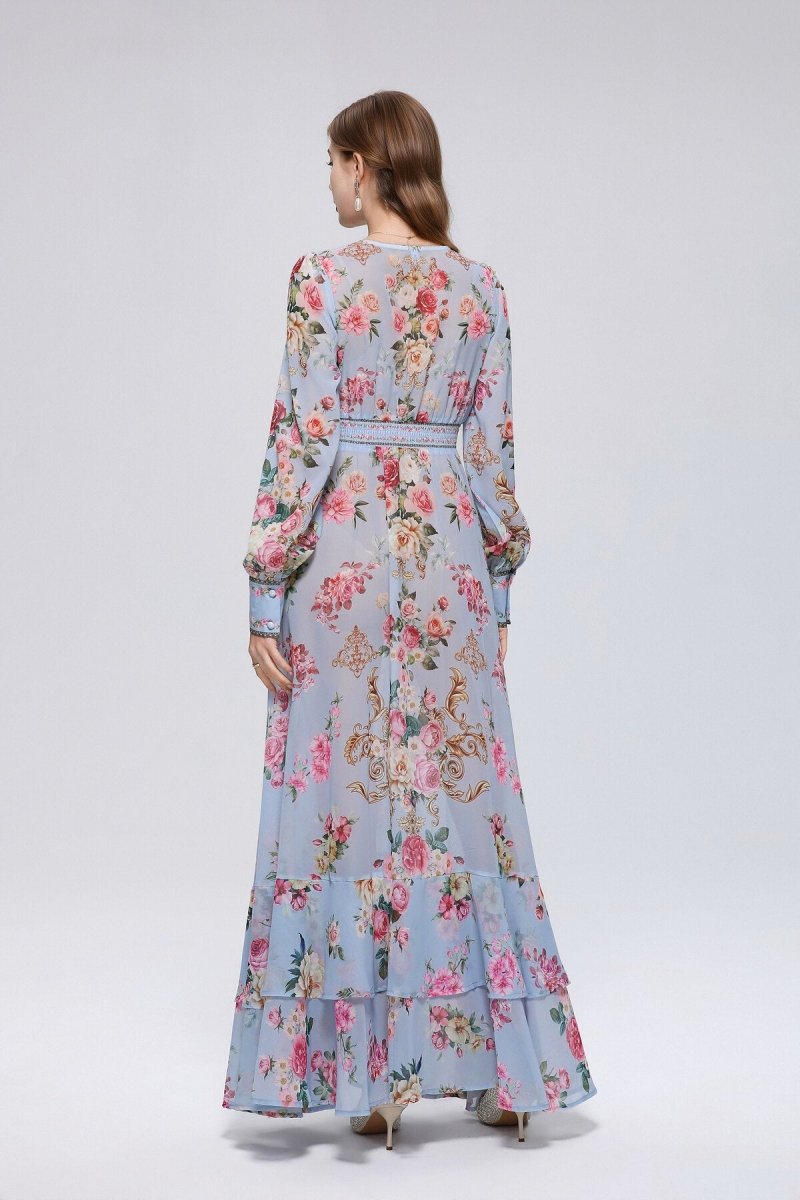 Powder Blue Rose & Gold Baroque Maxi Dress