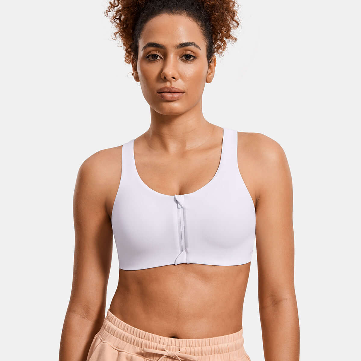 power on soft padded high impact zip front active bra all white 1