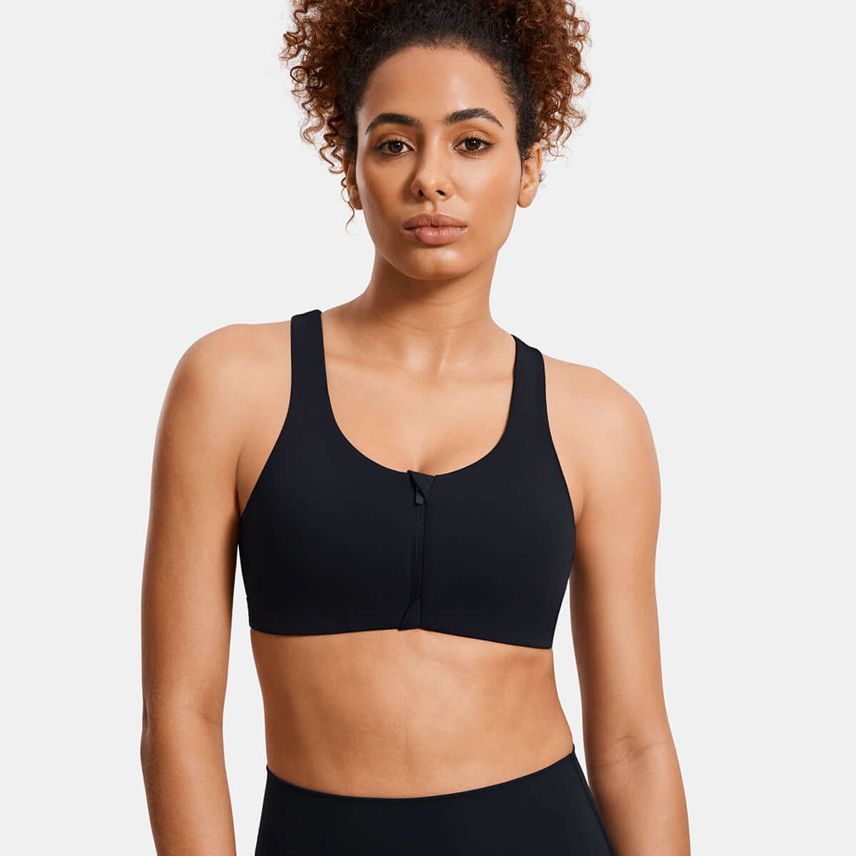 power on soft padded high impact zip front sports bra all black 1