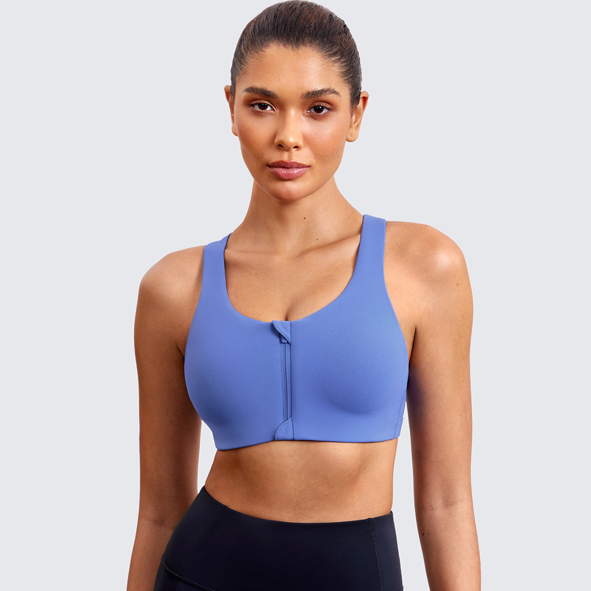 power on soft padded high impact zip front sports bra all blue 1