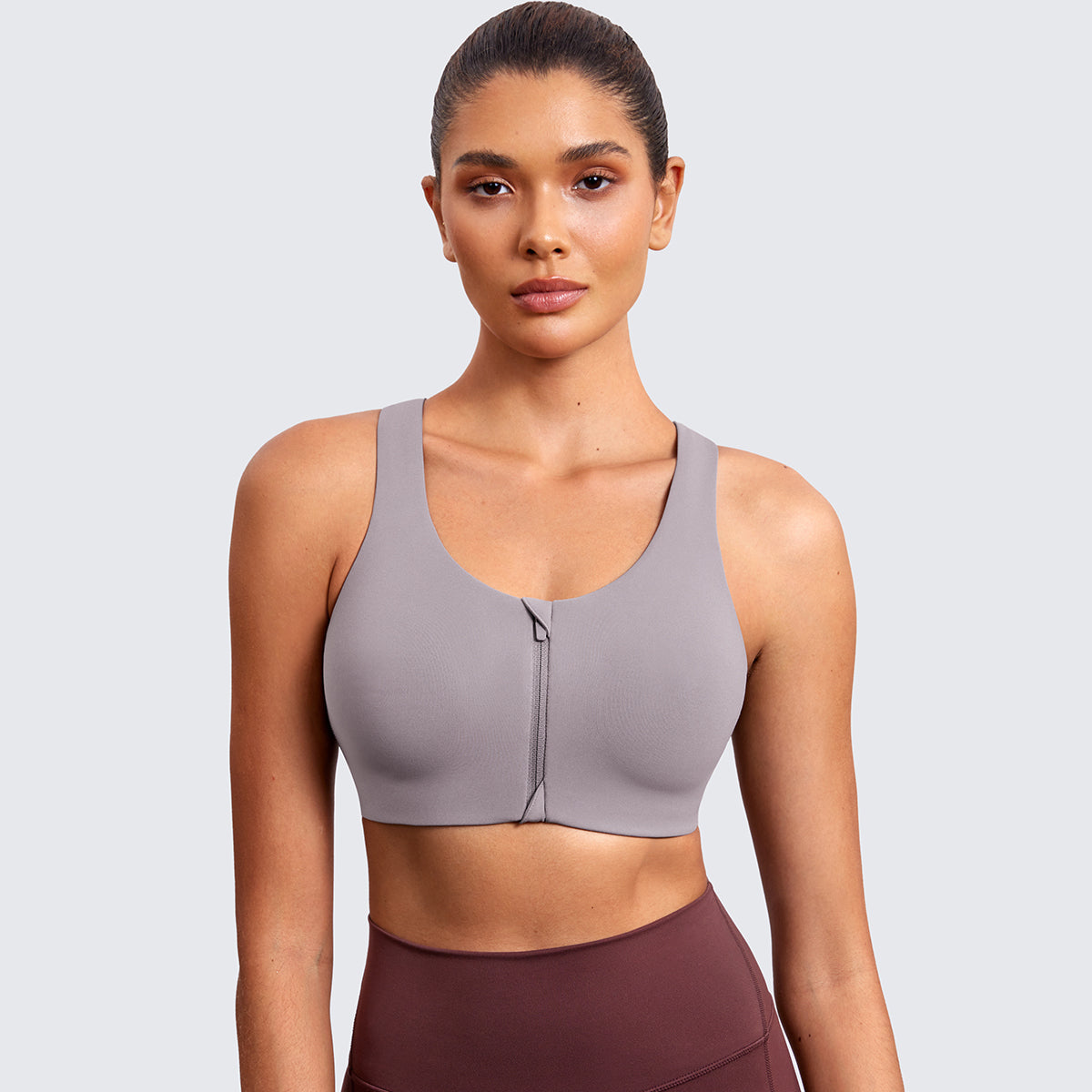 power on soft padded high impact zip front sports bra all grey 1