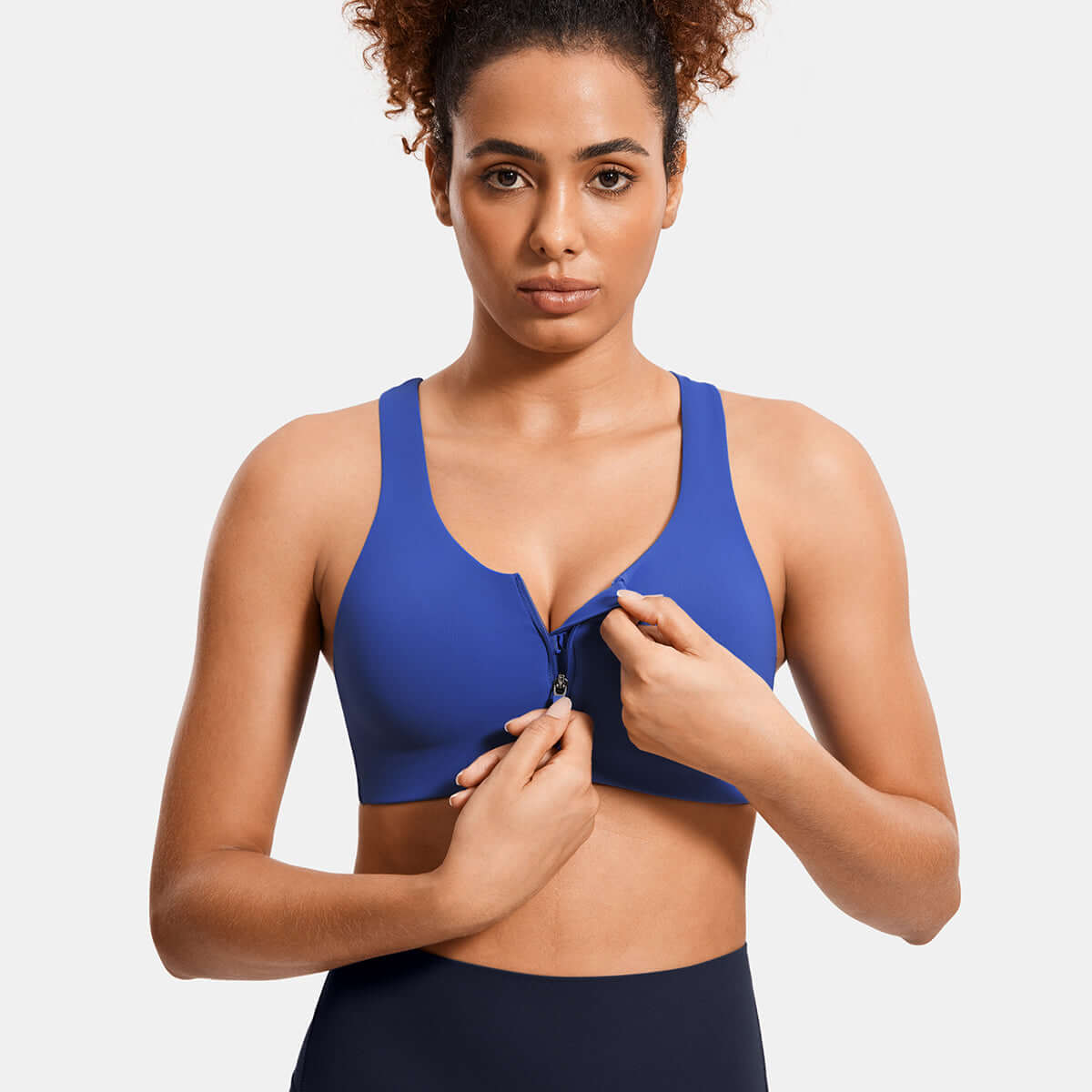 power on soft padded high impact zip front workout bra all sapphire 1