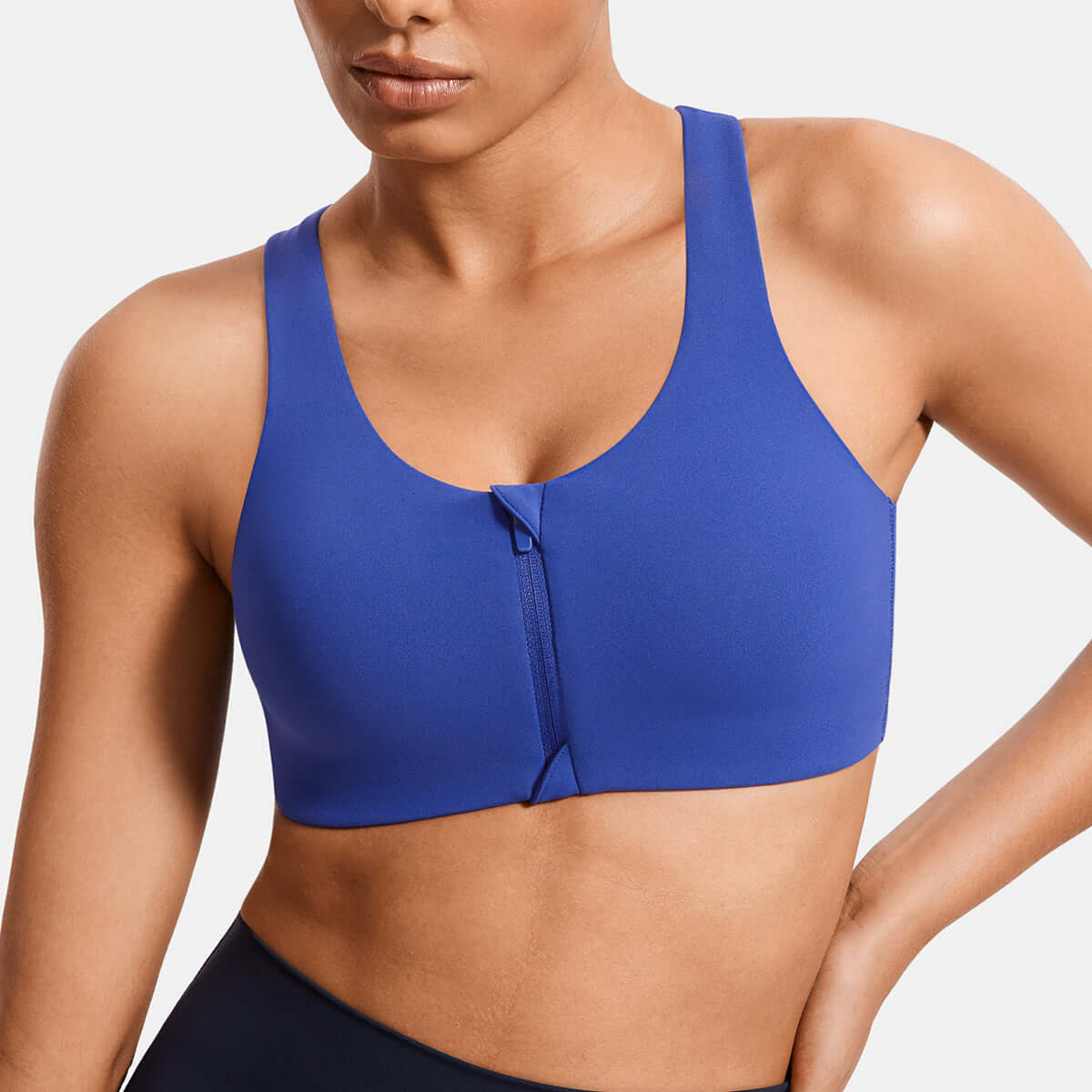 power on soft padded high impact zip front workout bra all sapphire 2