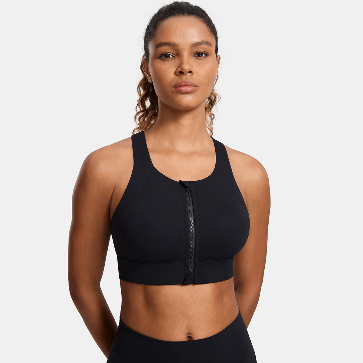 power on zip front racerback high impact sports bra all black 1