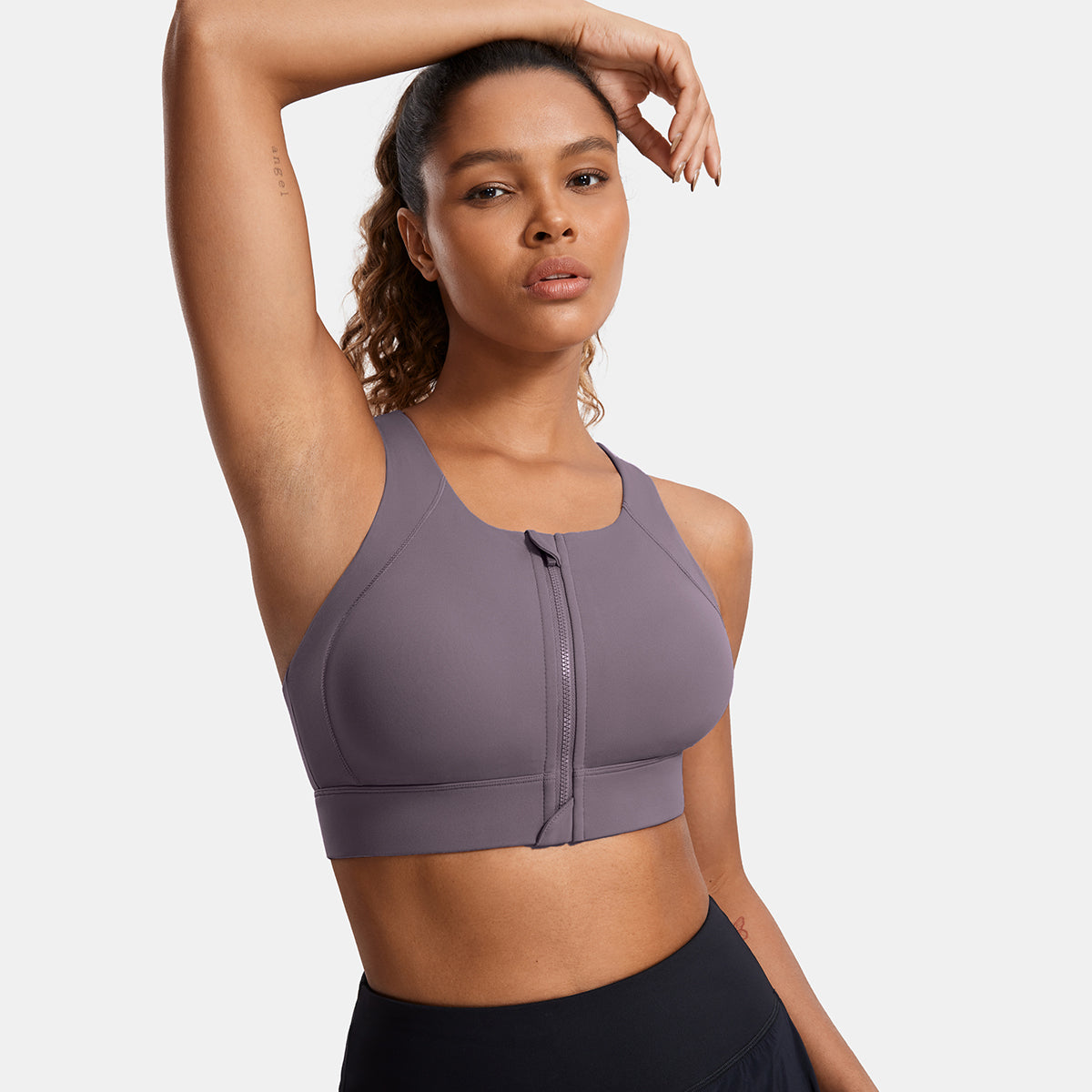 power on zip front racerback high impact sports bra all grey 1