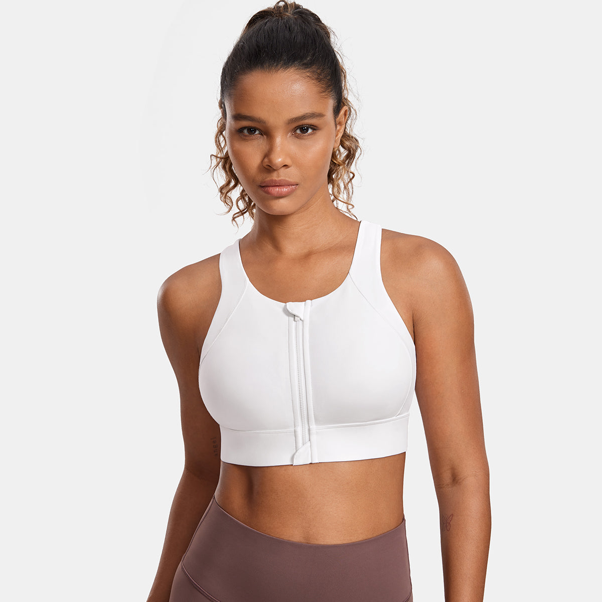 power on zip front racerback high impact workout bra all white 1