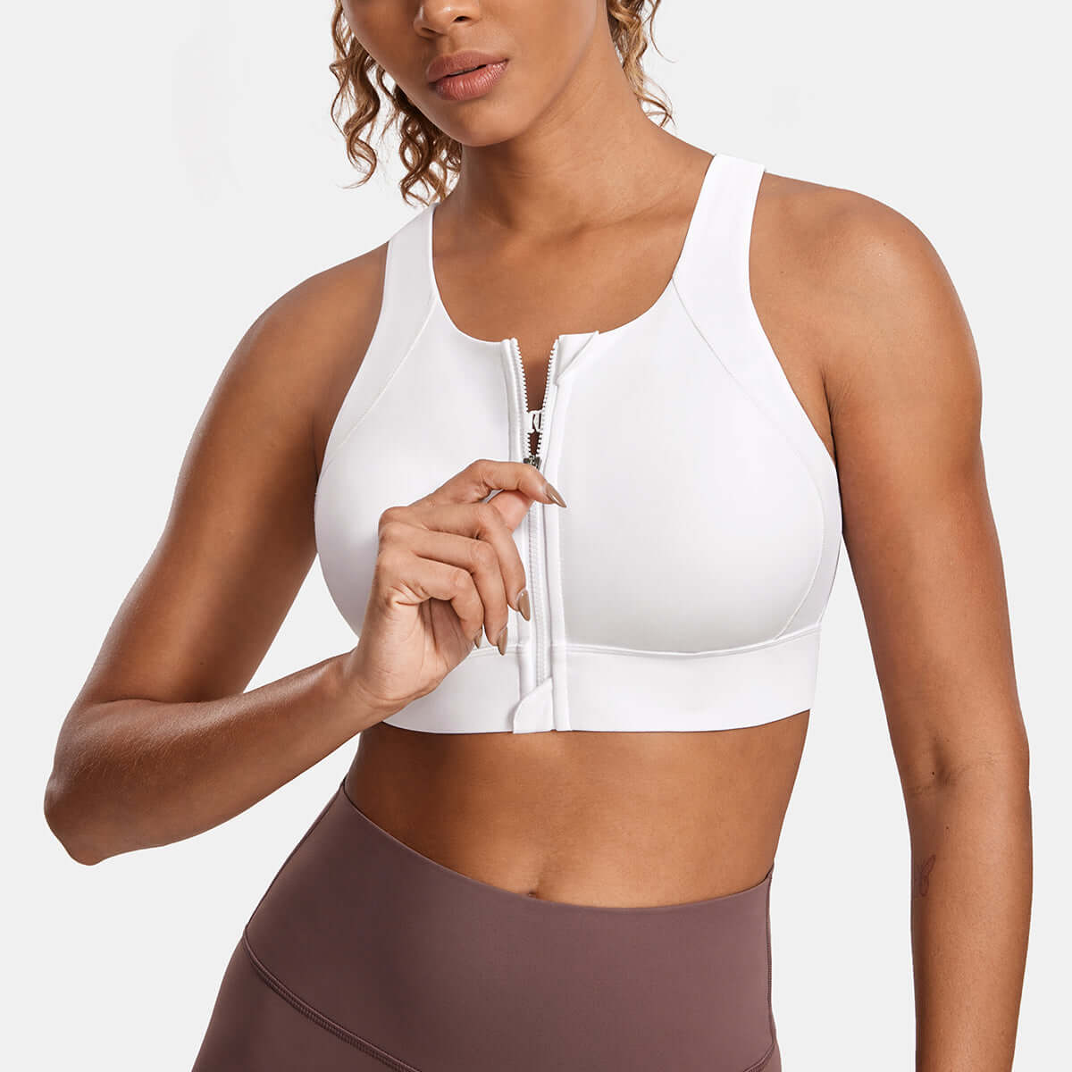 power on zip front racerback high impact workout bra all white 3