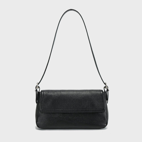 Premium Calfskin Leather Baguette Shoulder Bag – Classic Flap Crossbody with Pebbled Grain Texture