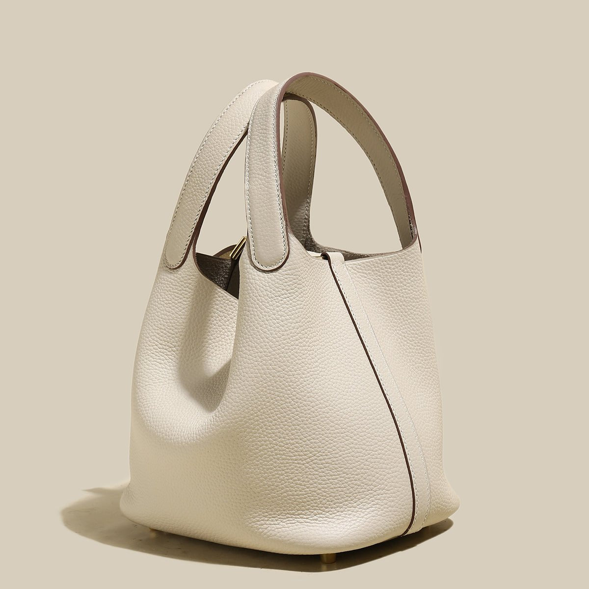 Premium Pebbled Leather Bucket Tote Bag – Minimalist Top-Handle with Gold Padlock Closure & Contrast Stitching