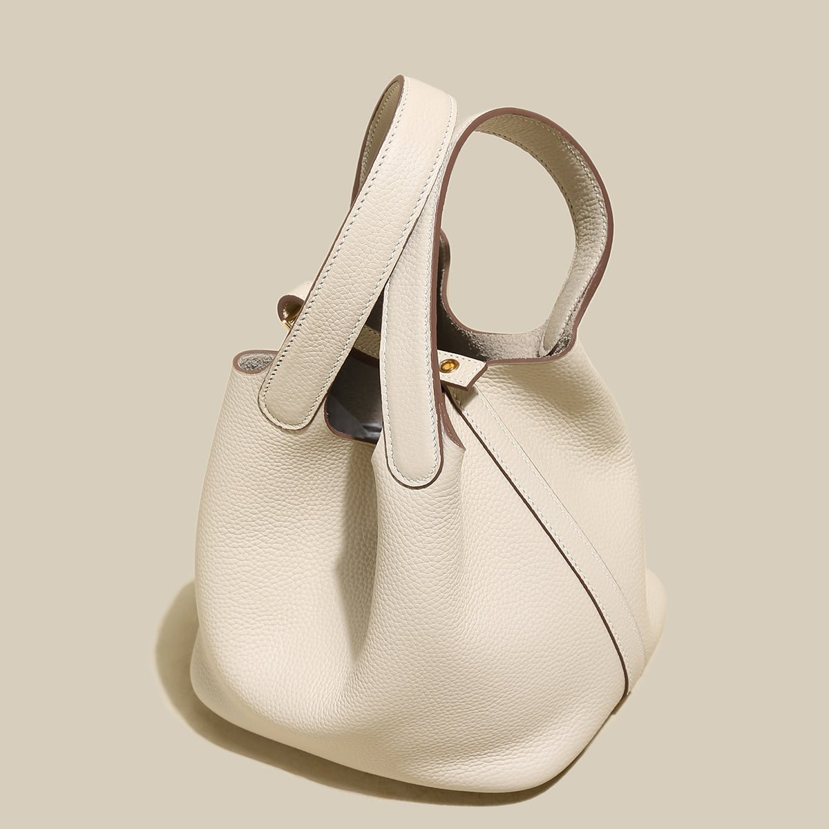 Premium Pebbled Leather Bucket Tote Bag – Minimalist Top-Handle with Gold Padlock Closure & Contrast Stitching