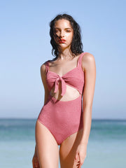 Pretty Pink Bowknot Ribbon One Piece Bikini with Back Cutout