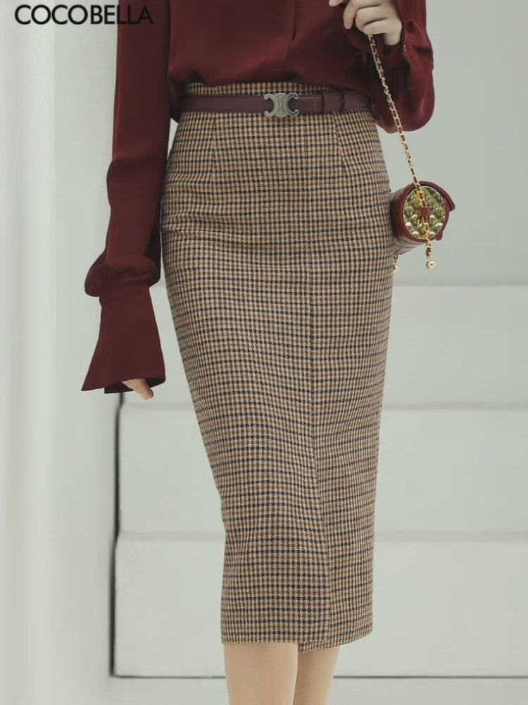 Houndstooth Brown Checkered Wool Skirt