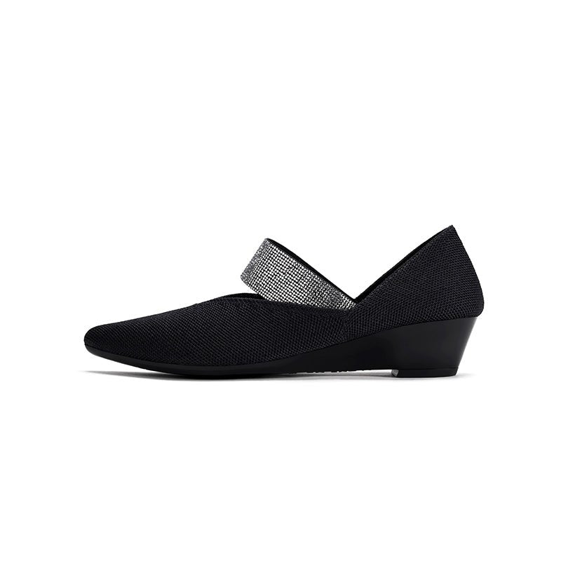 Princess Crystal Strap Mary Jane Wedges – Pointed Toe Knit Commuter Pumps
