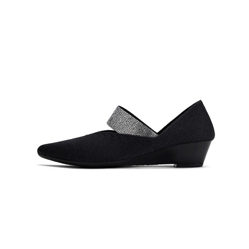 Princess Crystal Strap Mary Jane Wedges – Pointed Toe Knit Commuter Pumps
