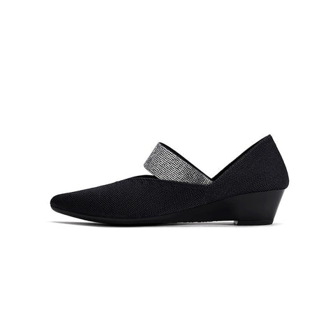 Princess Crystal Strap Mary Jane Wedges – Pointed Toe Knit Commuter Pumps