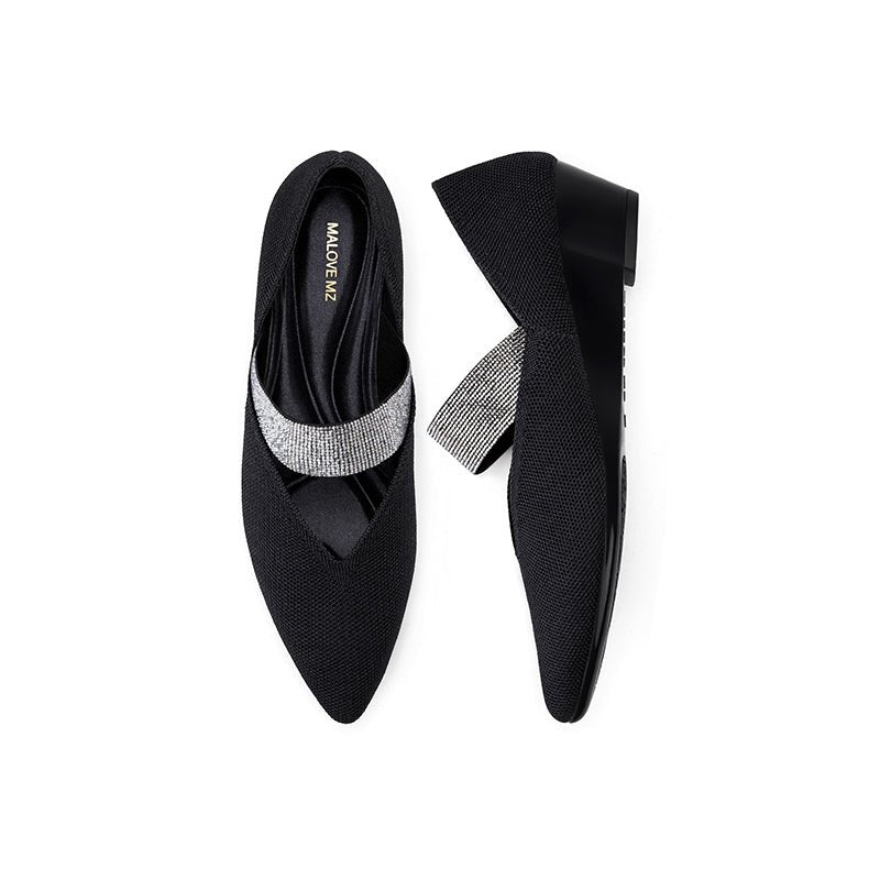 Princess Crystal Strap Mary Jane Wedges – Pointed Toe Knit Commuter Pumps