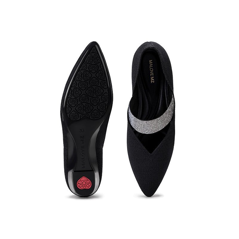 Princess Crystal Strap Mary Jane Wedges – Pointed Toe Knit Commuter Pumps