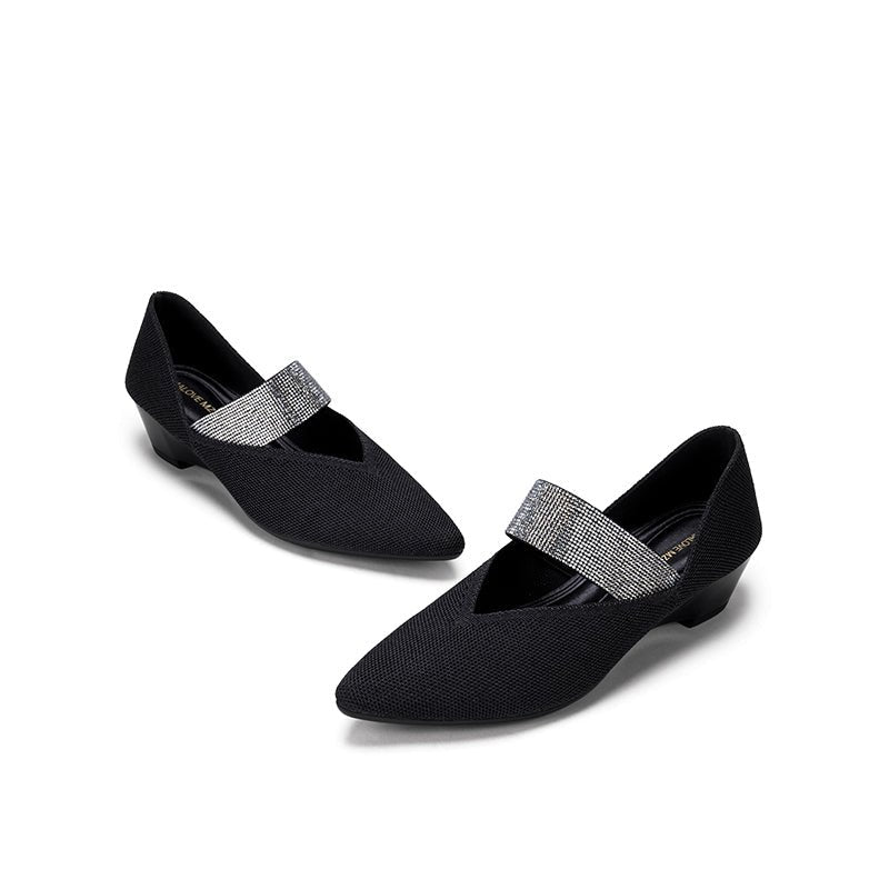 Princess Crystal Strap Mary Jane Wedges – Pointed Toe Knit Commuter Pumps