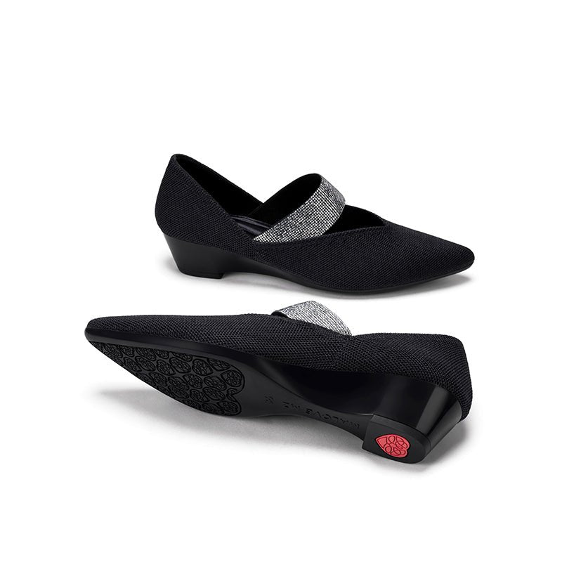 Princess Crystal Strap Mary Jane Wedges – Pointed Toe Knit Commuter Pumps