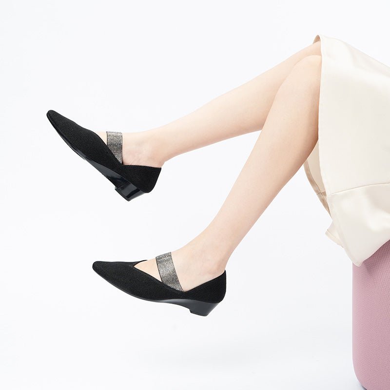 Princess Crystal Strap Mary Jane Wedges – Pointed Toe Knit Commuter Pumps
