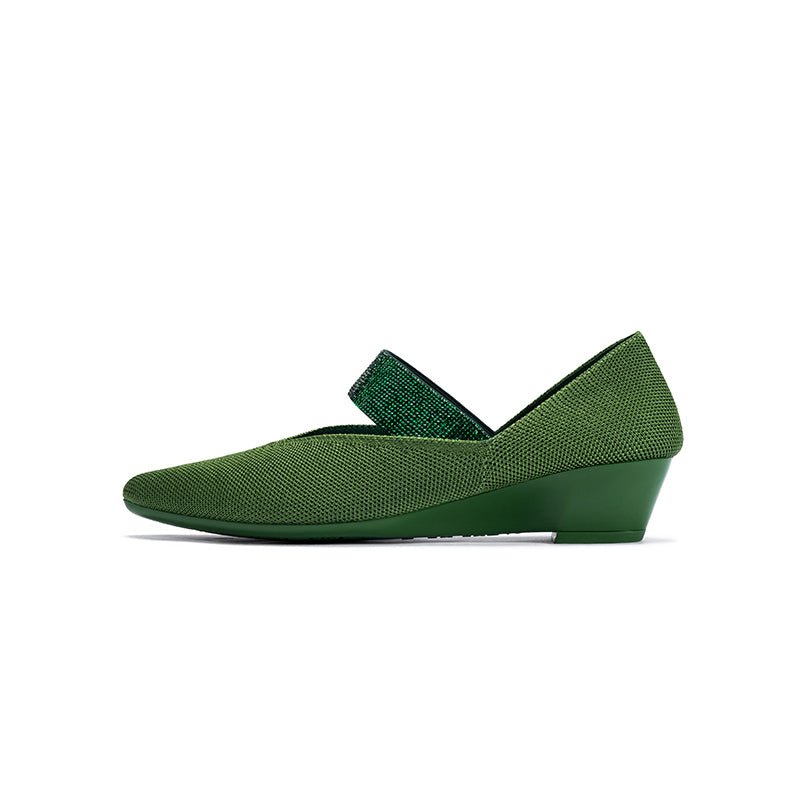 Princess Crystal Strap Mary Jane Wedges – Pointed Toe Knit Commuter Pumps