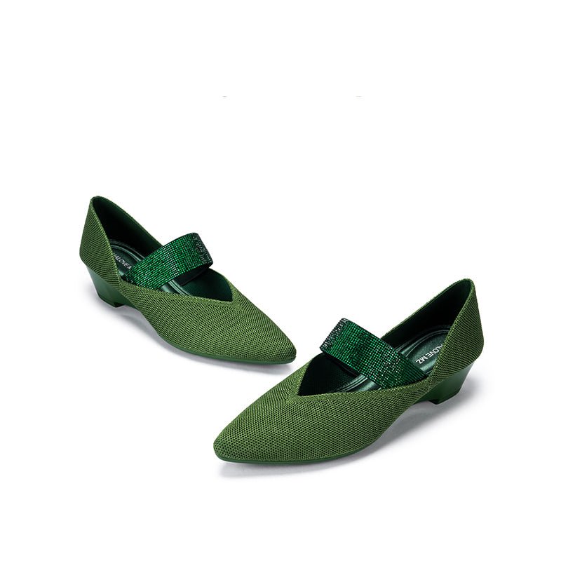 Princess Crystal Strap Mary Jane Wedges – Pointed Toe Knit Commuter Pumps
