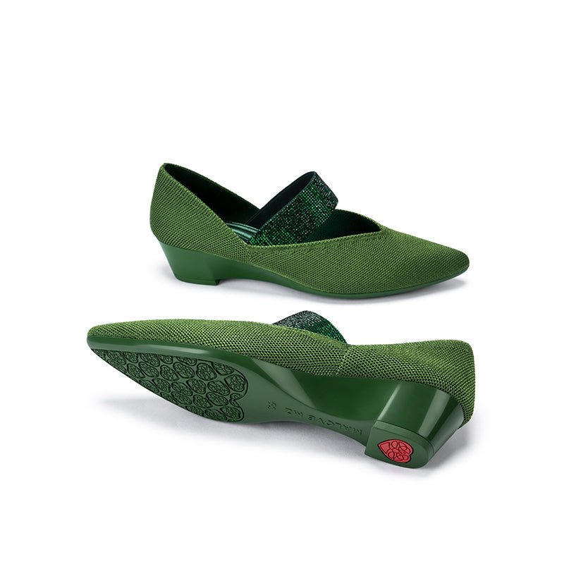 Princess Crystal Strap Mary Jane Wedges – Pointed Toe Knit Commuter Pumps
