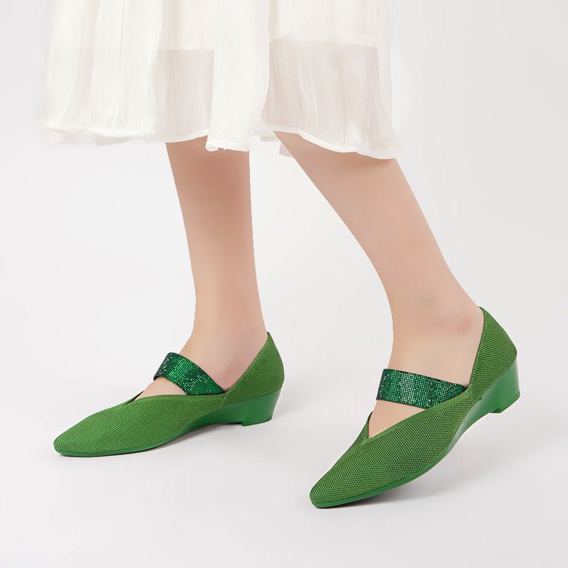 Princess Crystal Strap Mary Jane Wedges – Pointed Toe Knit Commuter Pumps