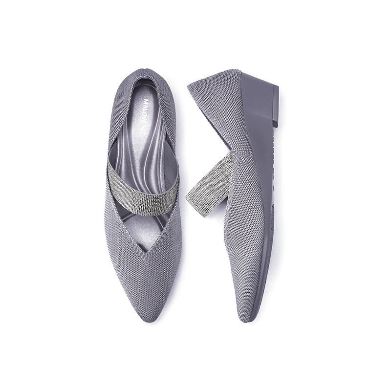 Princess Crystal Strap Mary Jane Wedges – Pointed Toe Knit Commuter Pumps