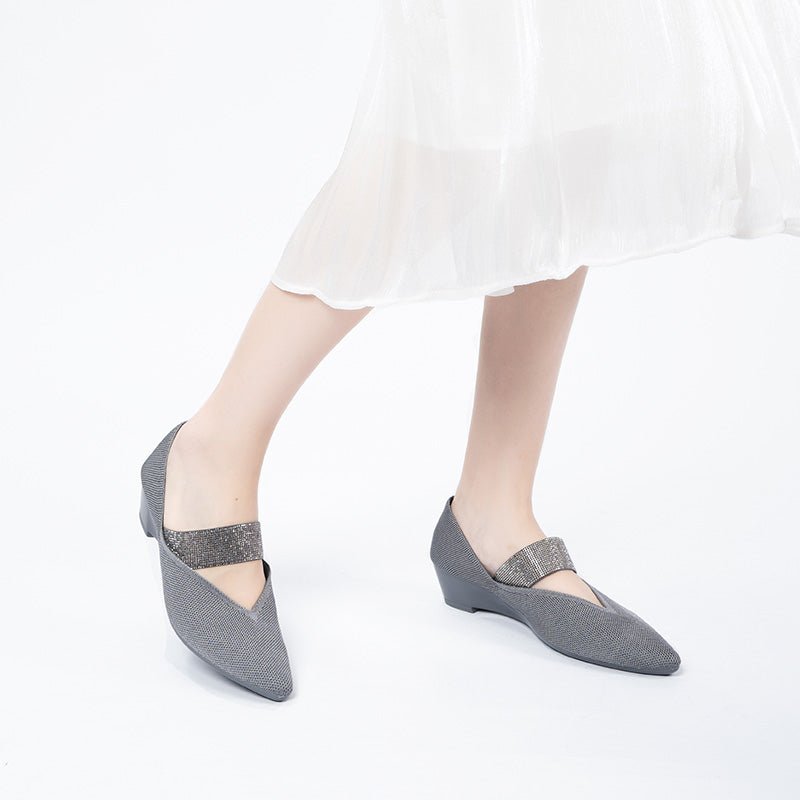 Princess Crystal Strap Mary Jane Wedges – Pointed Toe Knit Commuter Pumps