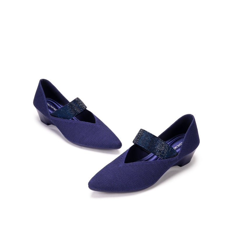 Princess Crystal Strap Mary Jane Wedges – Pointed Toe Knit Commuter Pumps