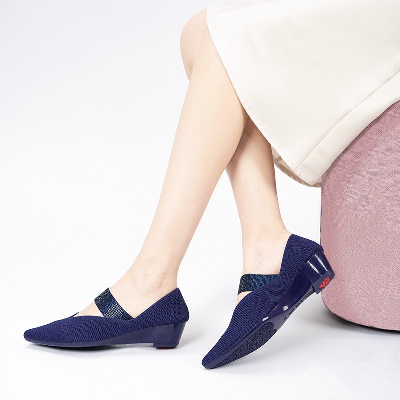 Princess Crystal Strap Mary Jane Wedges – Pointed Toe Knit Commuter Pumps