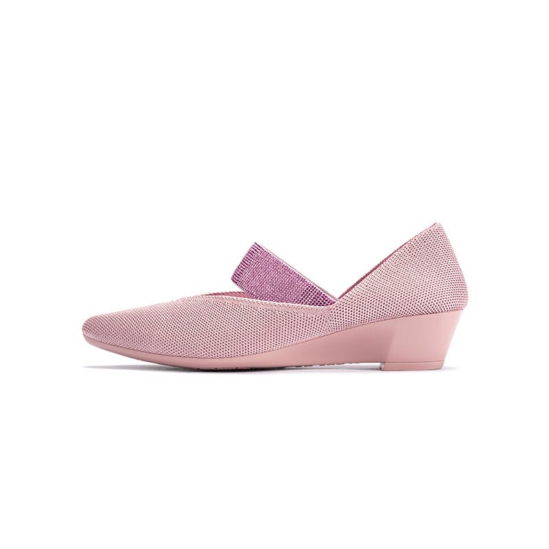 Princess Crystal Strap Mary Jane Wedges – Pointed Toe Knit Commuter Pumps