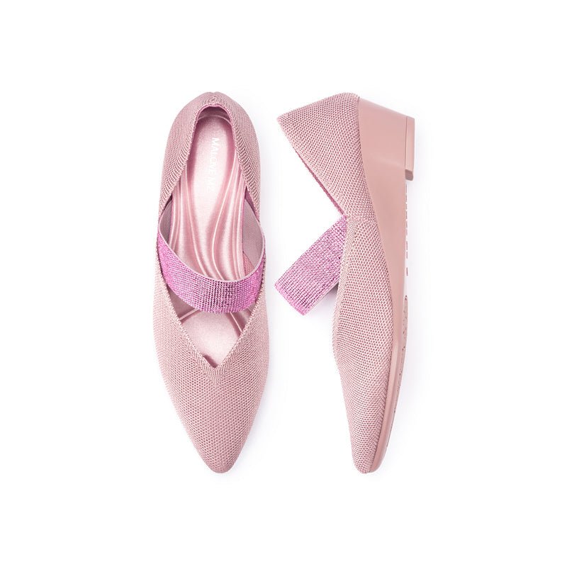Princess Crystal Strap Mary Jane Wedges – Pointed Toe Knit Commuter Pumps