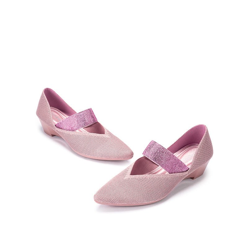Princess Crystal Strap Mary Jane Wedges – Pointed Toe Knit Commuter Pumps