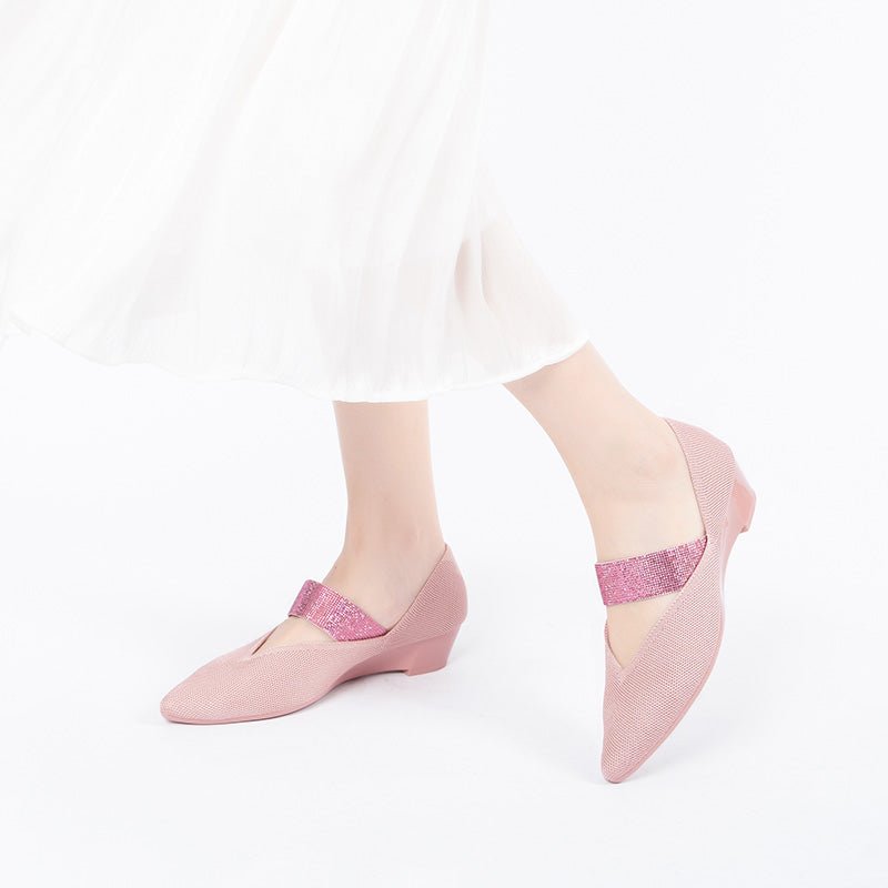 Princess Crystal Strap Mary Jane Wedges – Pointed Toe Knit Commuter Pumps