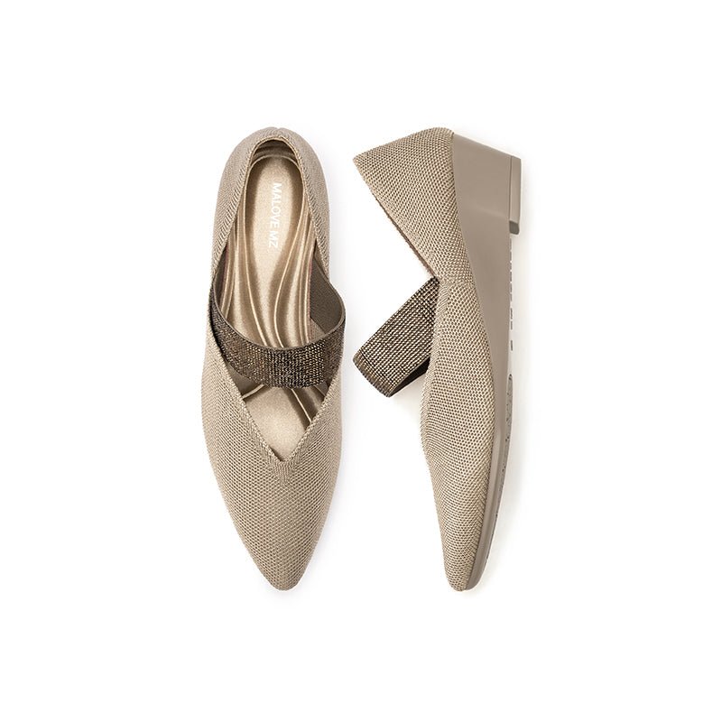 Princess Crystal Strap Mary Jane Wedges – Pointed Toe Knit Commuter Pumps
