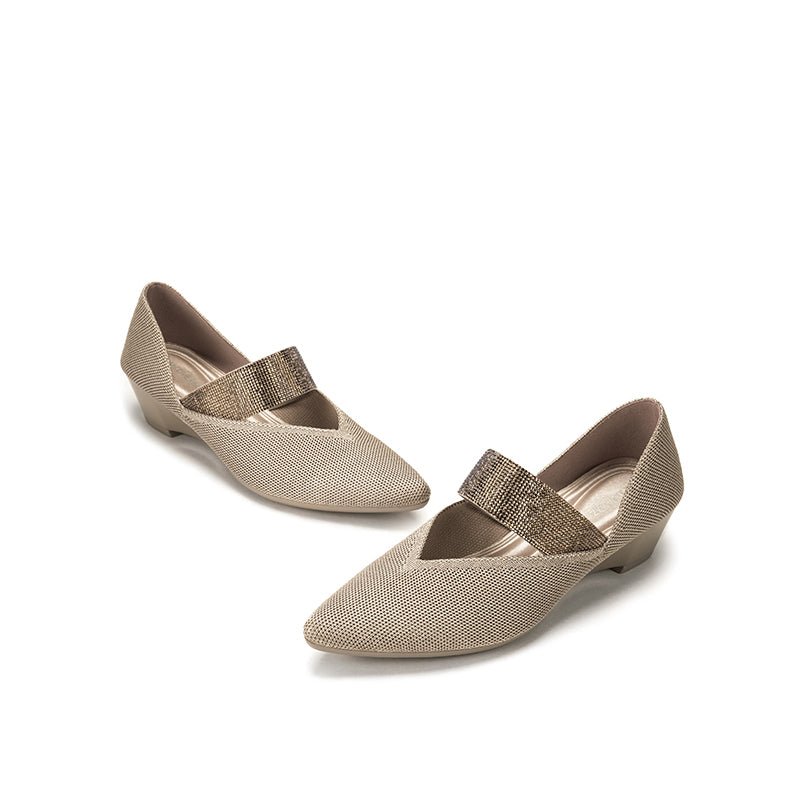Princess Crystal Strap Mary Jane Wedges – Pointed Toe Knit Commuter Pumps