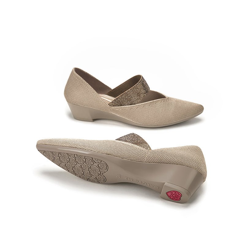 Princess Crystal Strap Mary Jane Wedges – Pointed Toe Knit Commuter Pumps