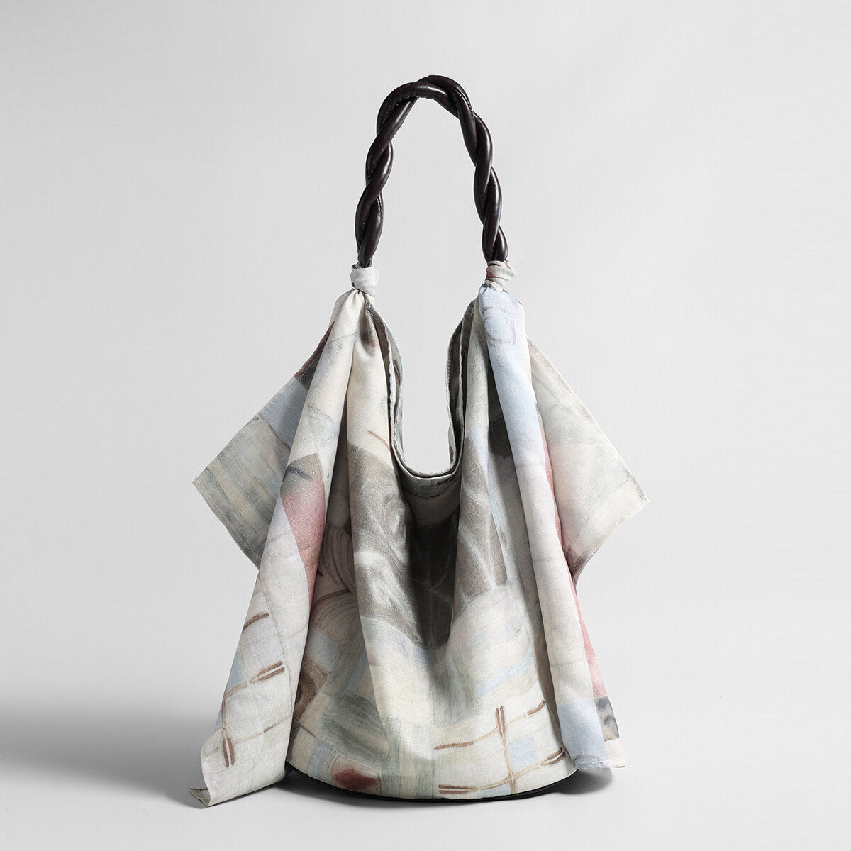 Printed Linen Knot Tote Bag – Draped Shoulder Bag with Twisted Leather Handle