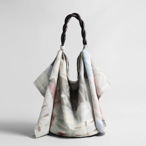 Printed Linen Knot Tote Bag – Draped Shoulder Bag with Twisted Leather Handle