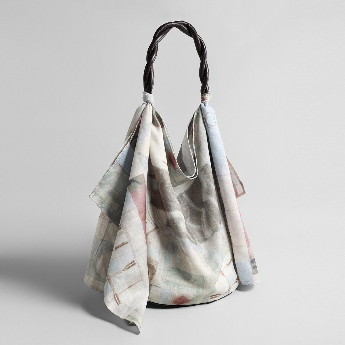 Printed Linen Knot Tote Bag – Draped Shoulder Bag with Twisted Leather Handle
