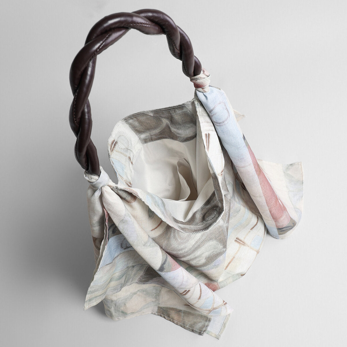 Printed Linen Knot Tote Bag – Draped Shoulder Bag with Twisted Leather Handle