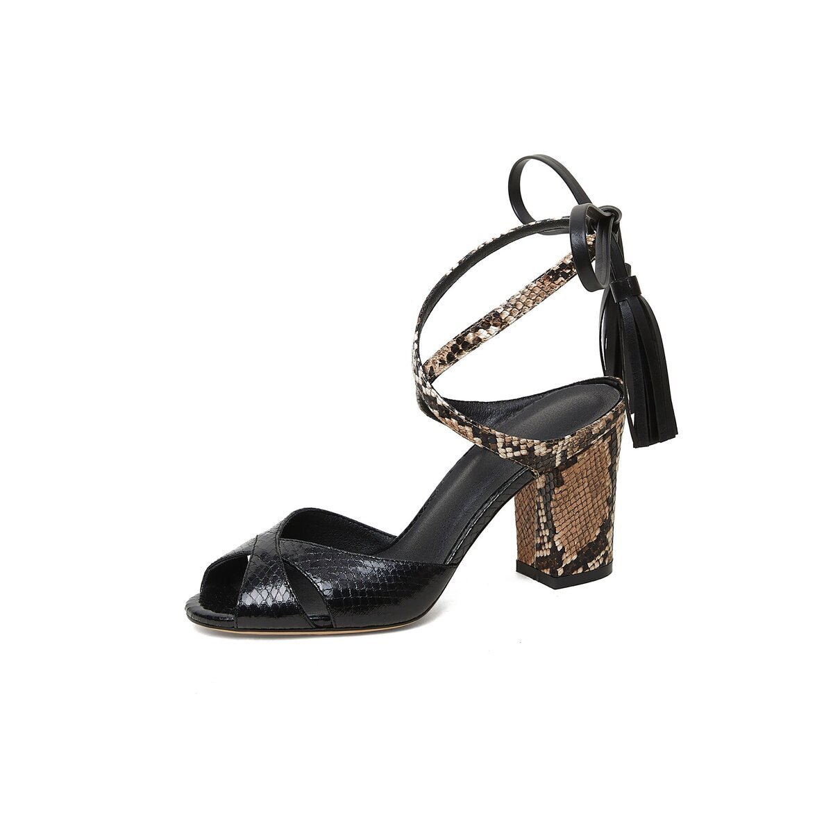 Python Print Leather Block Heel Sandals with Tassel Ankle Ties