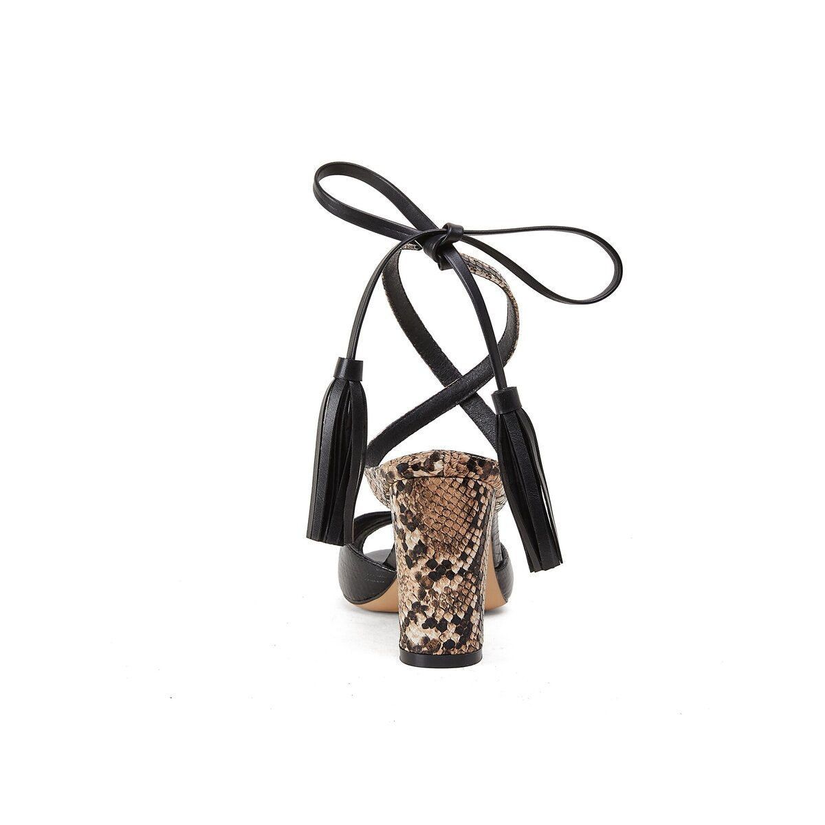 Python Print Leather Block Heel Sandals with Tassel Ankle Ties