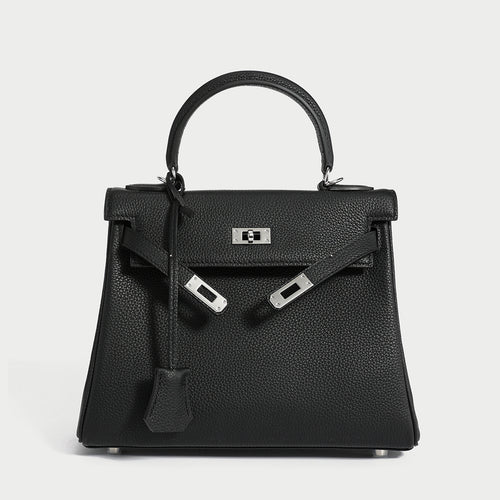 Queens Mini Top Handle Palm-Grain Calfskin Bag – Structured Leather Satchel with Turn-Lock Closure