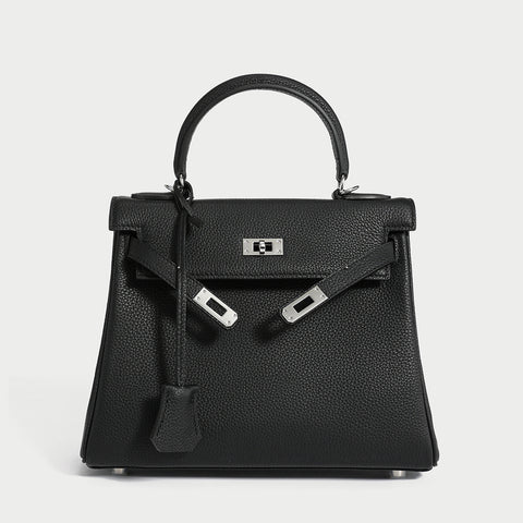 Queens Mini Top Handle Palm-Grain Calfskin Bag – Structured Leather Satchel with Turn-Lock Closure