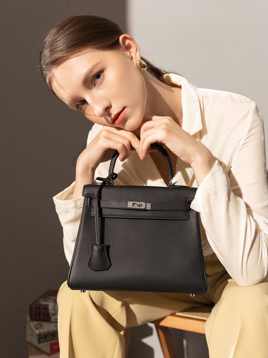 Queens Mini Top Handle Palm-Grain Calfskin Bag – Structured Leather Satchel with Turn-Lock Closure