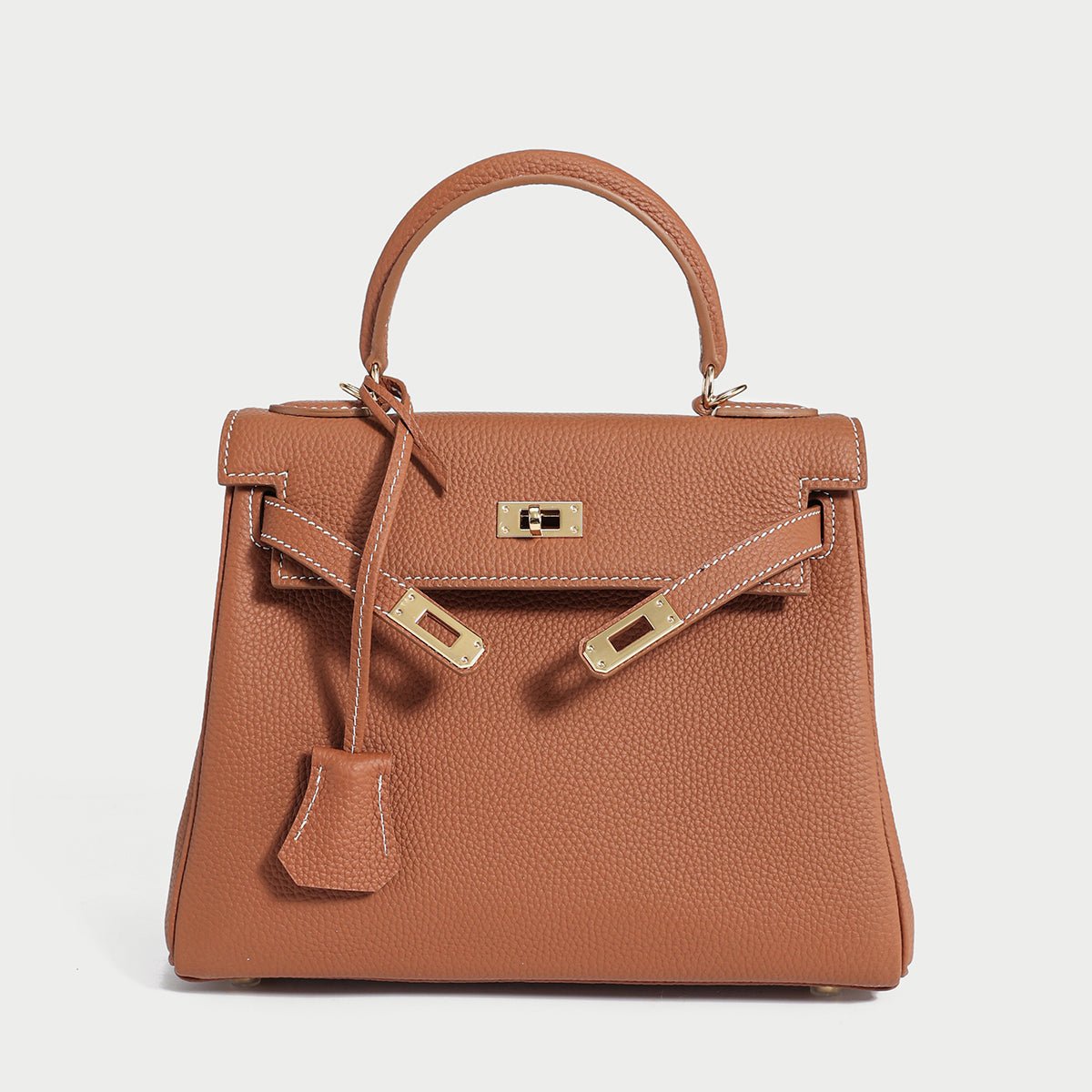 Queens Mini Top Handle Palm-Grain Calfskin Bag – Structured Leather Satchel with Turn-Lock Closure